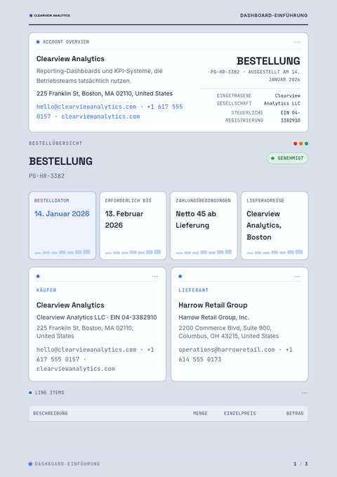 A finished purchase order rendered in a technisch look