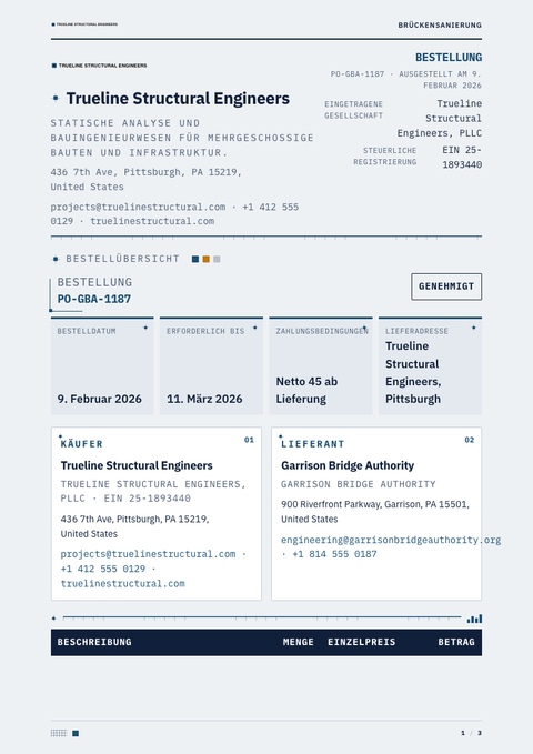 A finished purchase order rendered in a technisch look