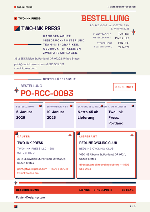 A finished purchase order rendered in a farbe look
