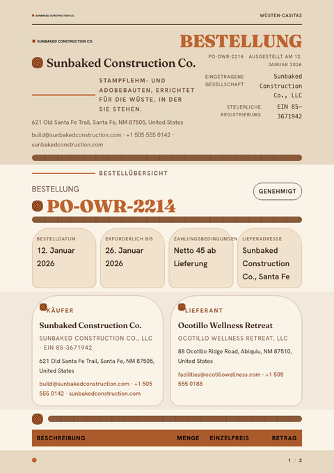 A finished purchase order rendered in a natur look