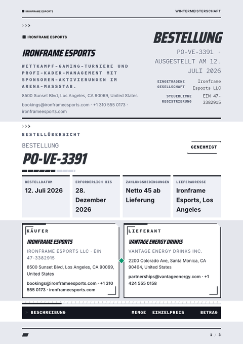 A finished purchase order rendered in a game & pop look