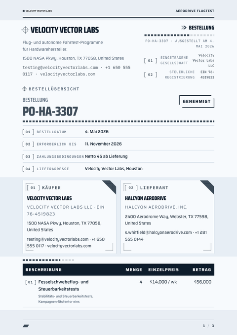 A finished purchase order rendered in a futuristisch look