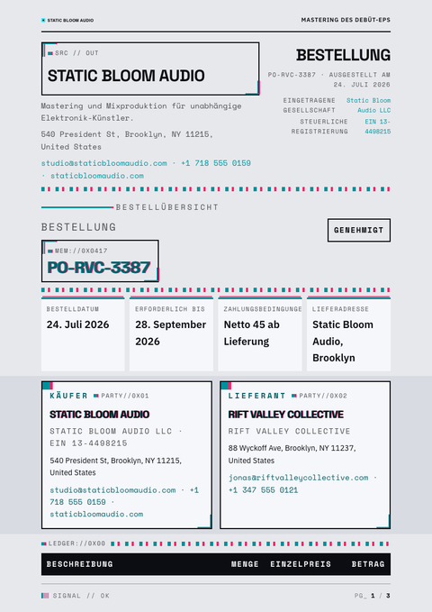 A finished purchase order rendered in a brutalistisch look