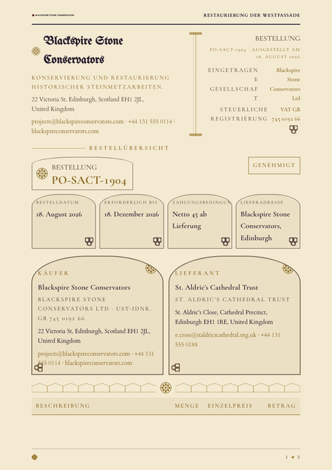 A finished purchase order rendered in a dunkel look