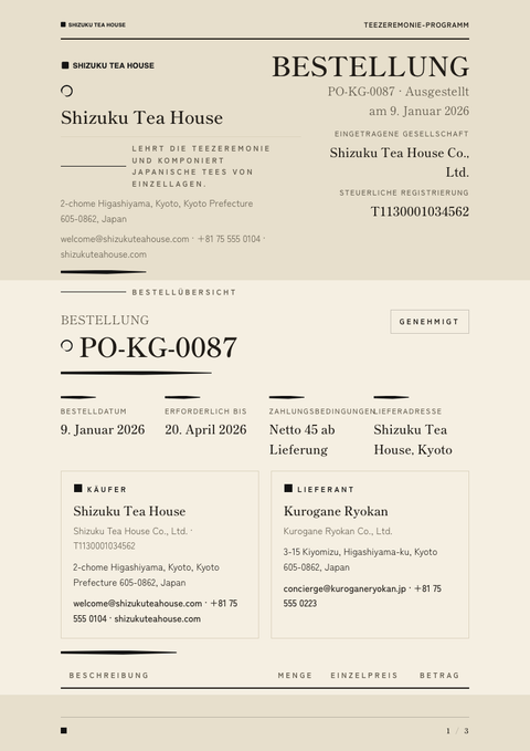 A finished purchase order rendered in a kulturell look