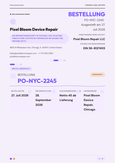 A finished purchase order rendered in a flach & minimal look