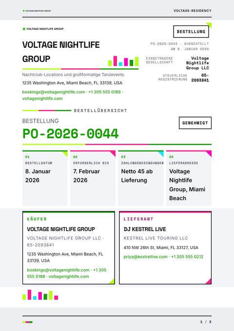 A finished purchase order rendered in a farbe look