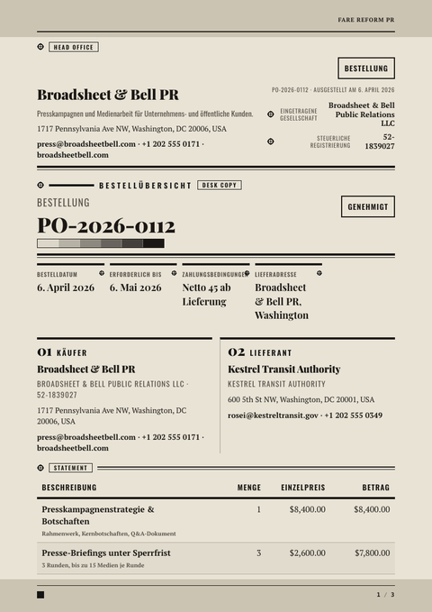 A finished purchase order rendered in a druck look