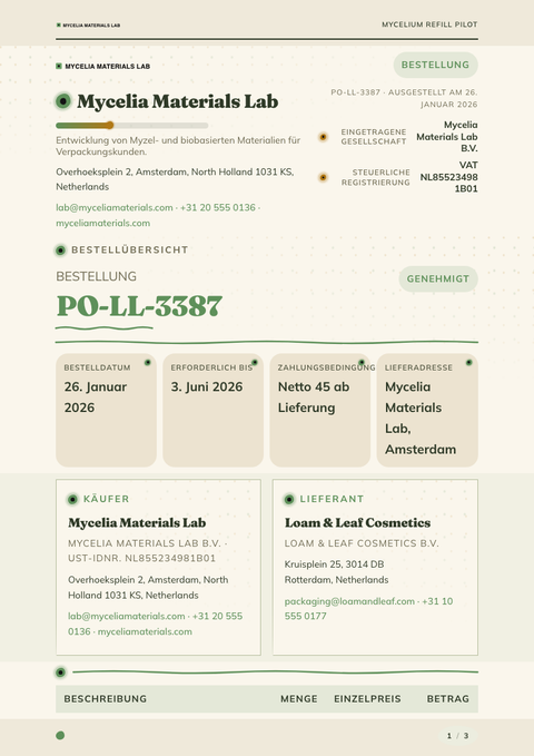 A finished purchase order rendered in a natur look