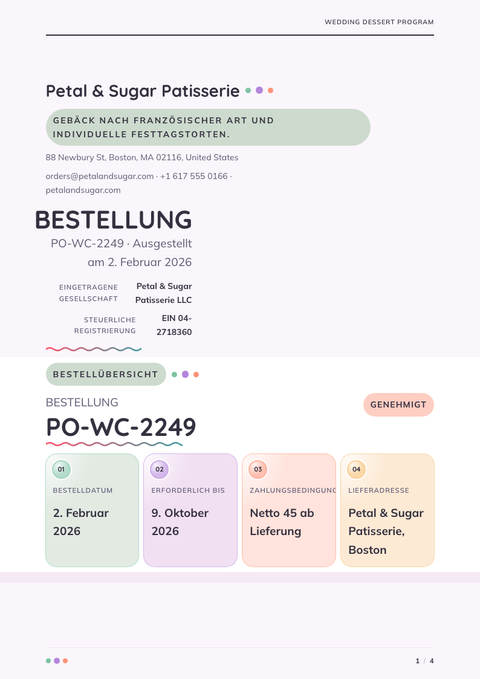 A finished purchase order rendered in a farbe look