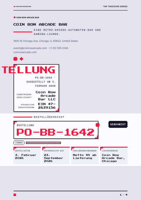 A finished purchase order rendered in a game & pop look