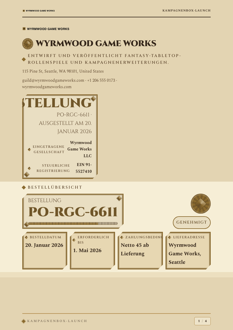 A finished purchase order rendered in a game & pop look
