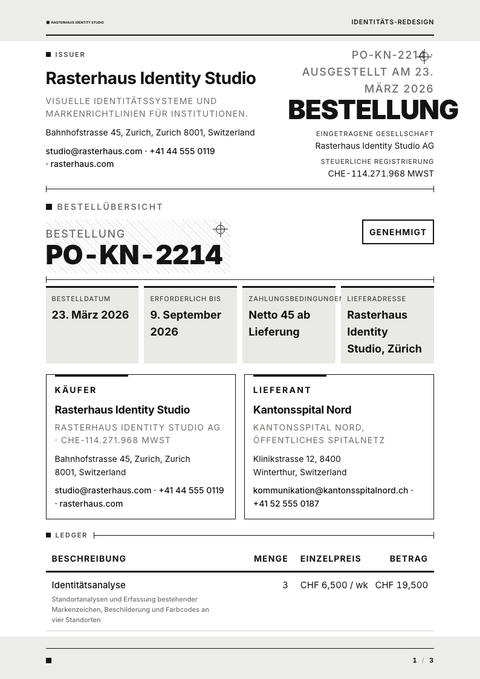 A finished purchase order rendered in a flach & minimal look