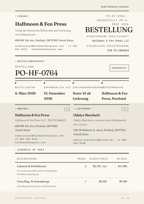 A finished purchase order rendered in a typografisch look