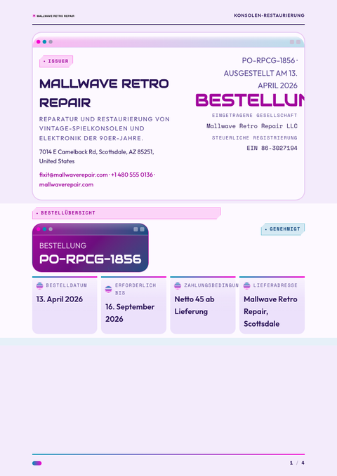 A finished purchase order rendered in a retro look