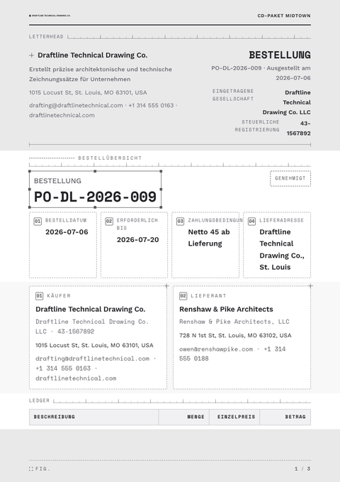 A finished purchase order rendered in a technisch look