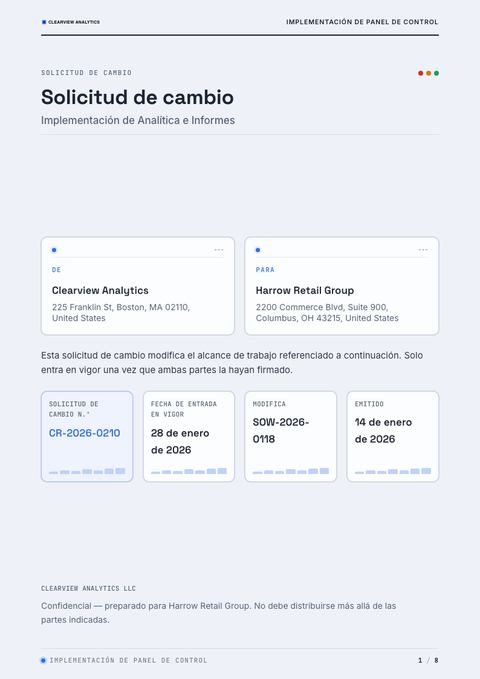 A finished change request rendered in a técnico look