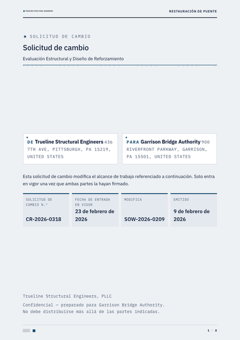 A finished change request rendered in a técnico look