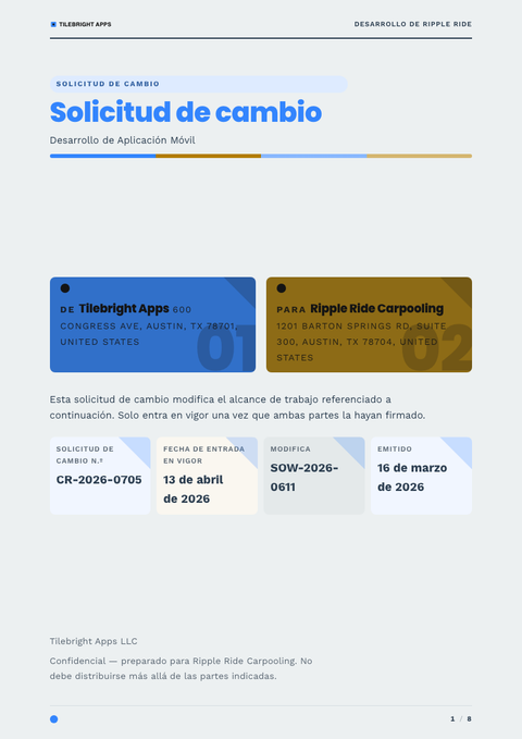A finished change request rendered in a plano y minimalista look
