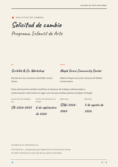 A finished change request rendered in a ilustrado look