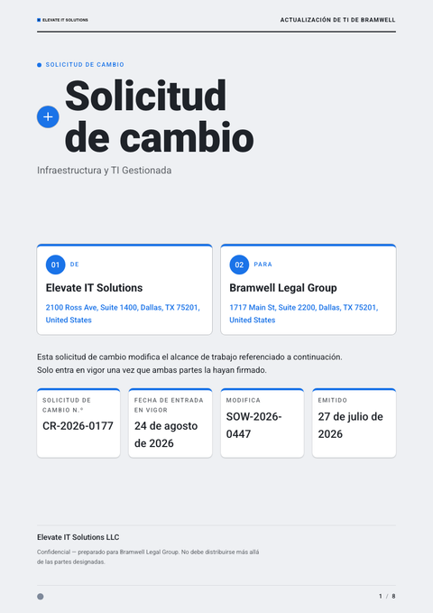 A finished change request rendered in a plano y minimalista look