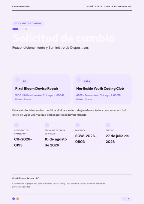 A finished change request rendered in a plano y minimalista look