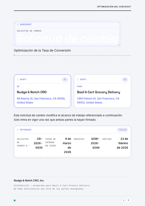 A finished change request rendered in a movimiento look