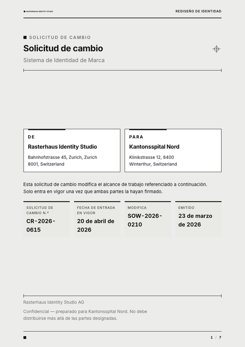 A finished change request rendered in a plano y minimalista look