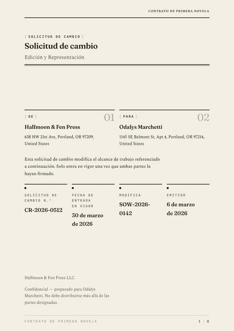 A finished change request rendered in a tipográfico look