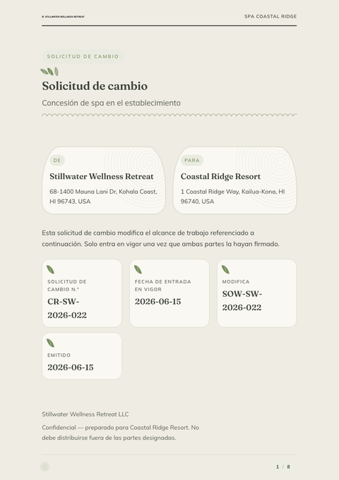 A finished change request rendered in a estilo de vida look