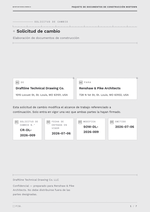 A finished change request rendered in a técnico look