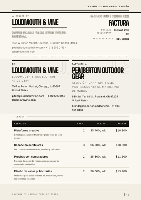 A finished invoice rendered in a tipográfico look