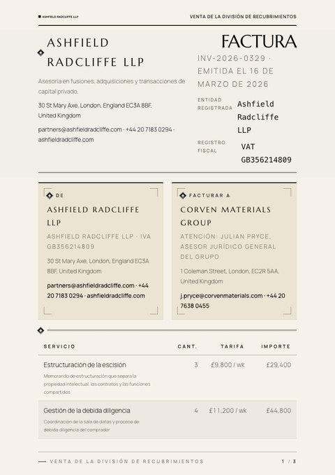 A finished invoice rendered in a lujo look