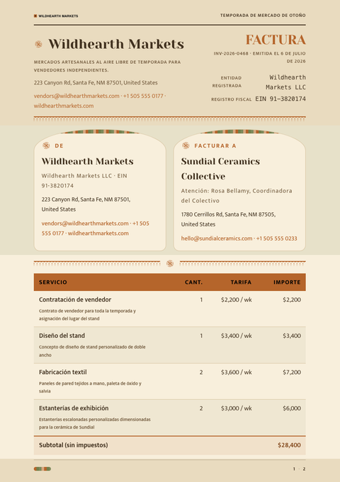 A finished invoice rendered in a estilo de vida look