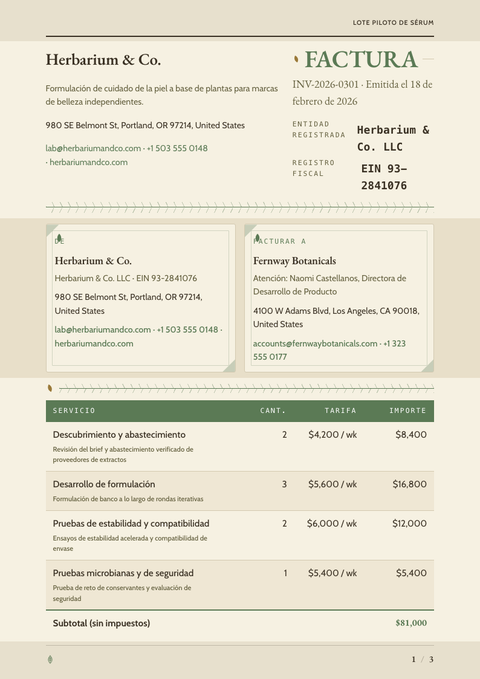 A finished invoice rendered in a naturaleza look