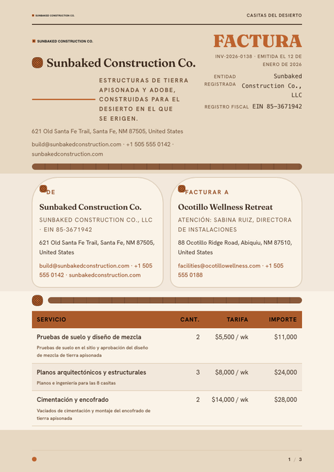 A finished invoice rendered in a naturaleza look