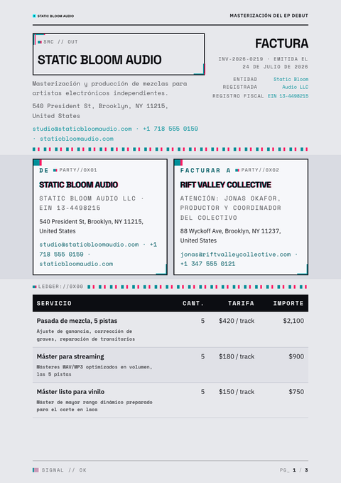 A finished invoice rendered in a brutalista look