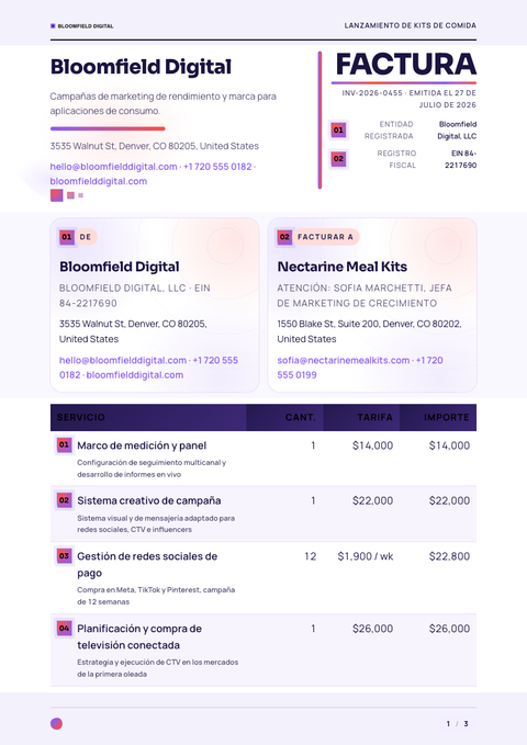 A finished invoice rendered in a degradado look