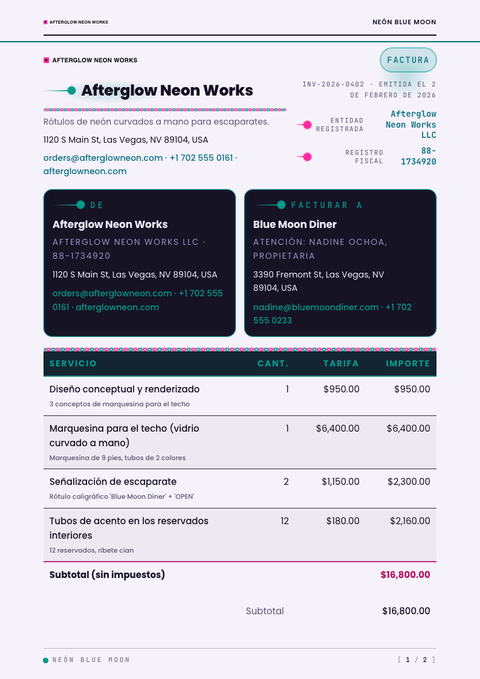 A finished invoice rendered in a futurista look