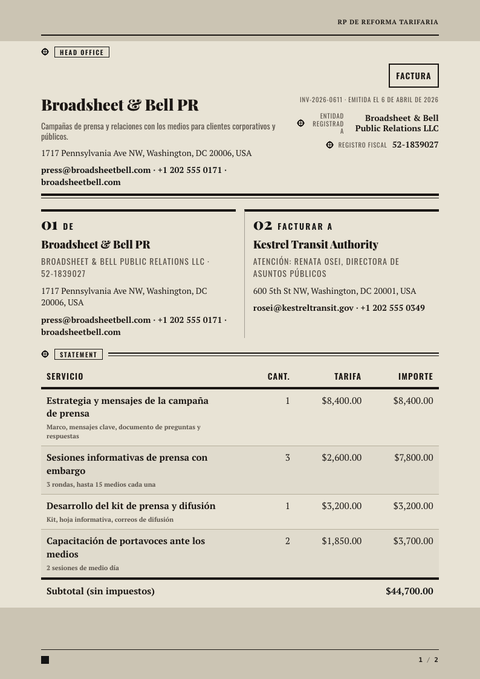 A finished invoice rendered in a impreso look
