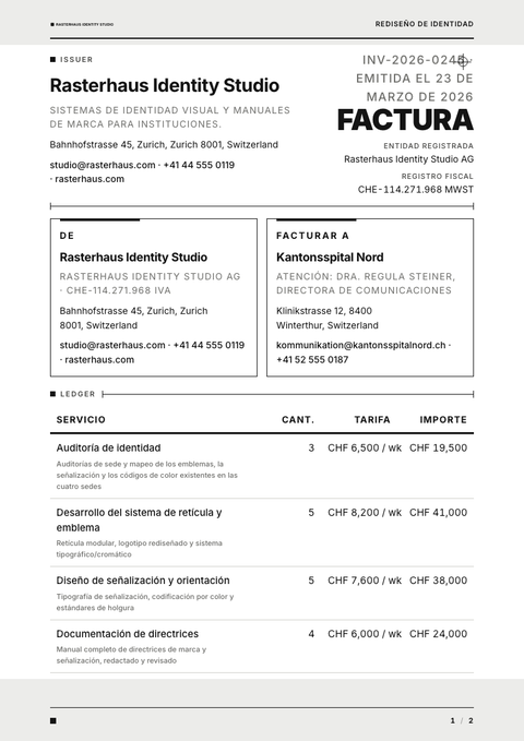 A finished invoice rendered in a plano y minimalista look