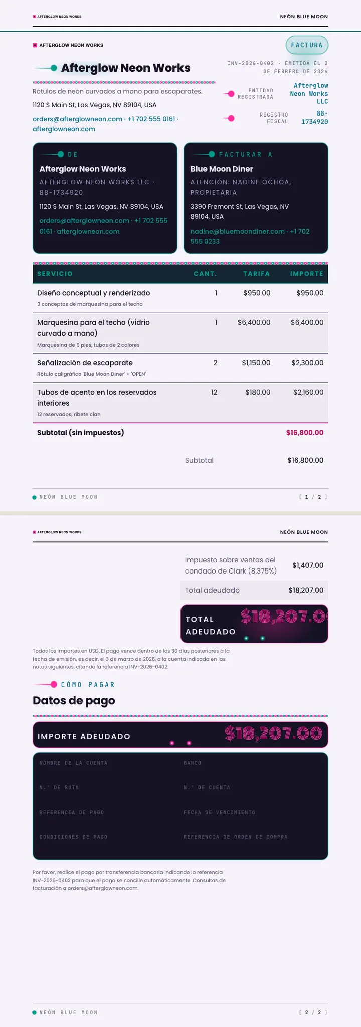 Resplandor neón — ejemplo completo generado por Waxe