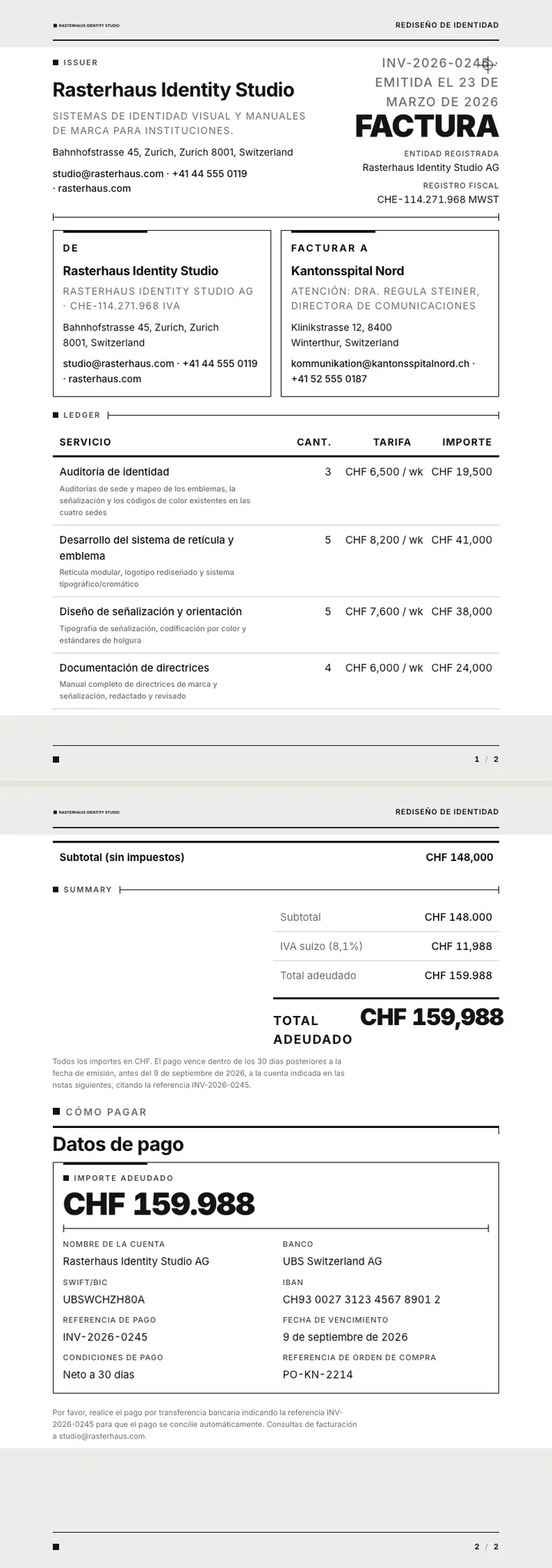 Suizo / Internacional — ejemplo completo generado por Waxe
