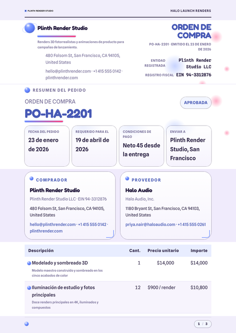 A finished purchase order rendered in a 3d look