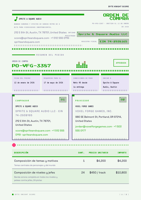 A finished purchase order rendered in a gaming y pop look