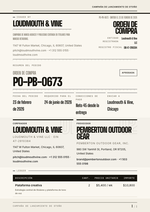 A finished purchase order rendered in a tipográfico look