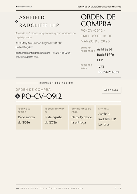 A finished purchase order rendered in a lujo look