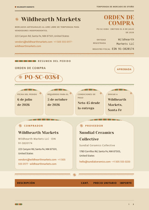 A finished purchase order rendered in a estilo de vida look