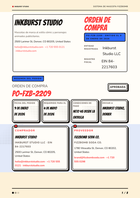 A finished purchase order rendered in a ilustrado look