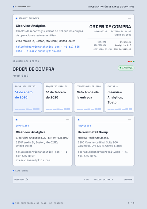 A finished purchase order rendered in a técnico look